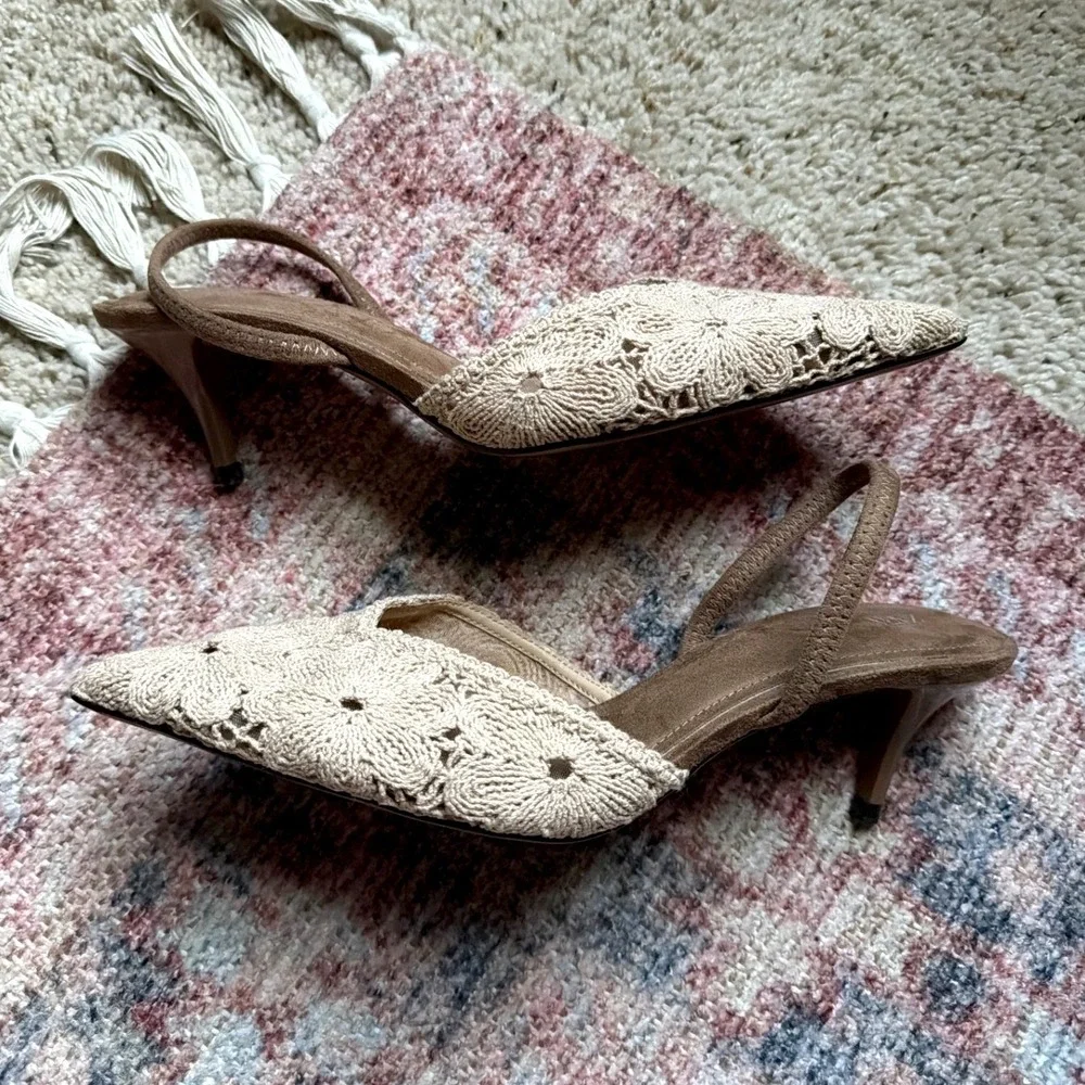 Zara Crochet Slingback Heels Womens 39 Cream Mesh Pointed Toe Boho Kitten Heel
